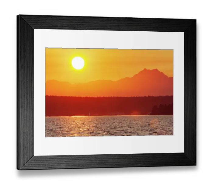 Framed Print : Sunset over Puget Sound, Seattle, Washington State. Silhouette of The Brothers peak on the right Framed Print : Sunset over Puget Sound, Seattle, Washington State. Silhouette of The Brothers peak on the right