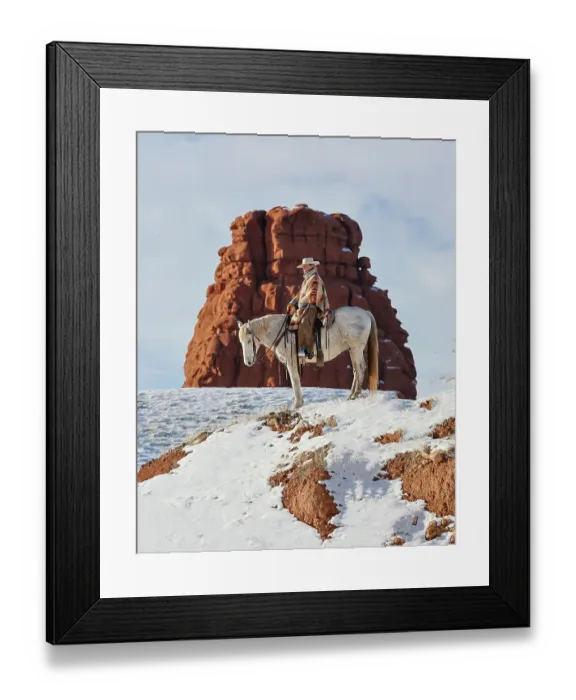 Framed Print : USA, Wyoming. Hideout Ranch cowgirl on horseback riding on ridgeline snow. (PR, MR) Framed Print : USA, Wyoming. Hideout Ranch cowgirl on horseback riding on ridgeline snow. (PR, MR)