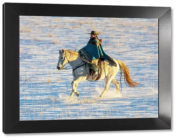 USA, Shell, Wyoming. Hideout Ranch cowgirl riding her horse in the snow. (PR, MR)