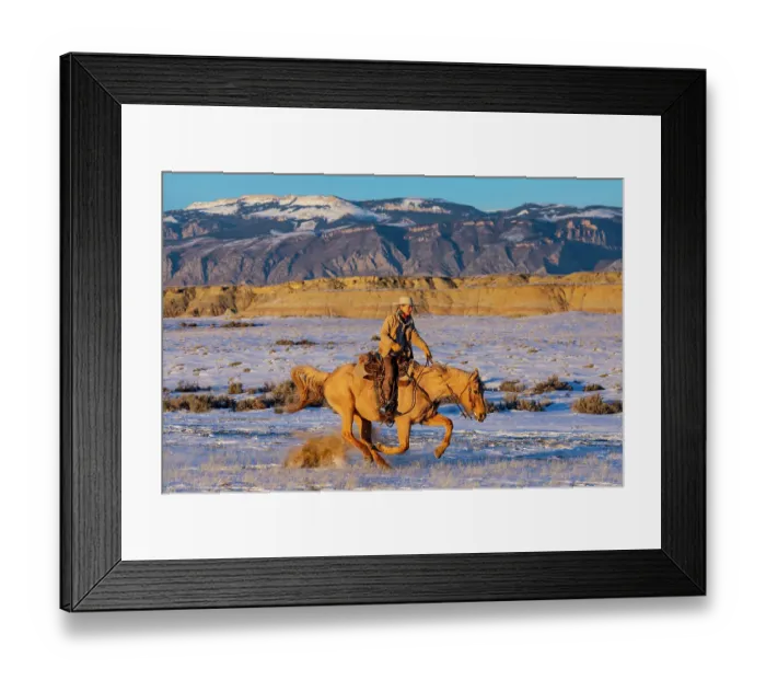 Framed Print : USA, Shell, Wyoming. Hideout Ranch cowgirl riding fast snows. (PR, MR)