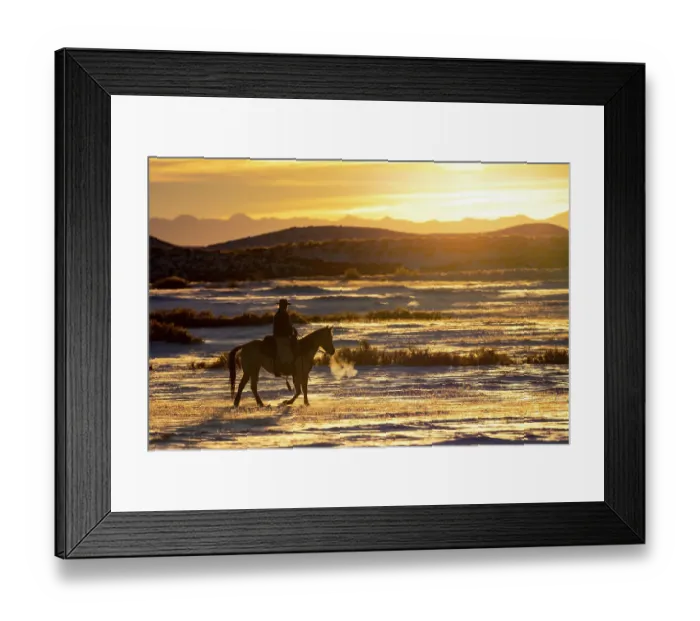 Framed Print : USA, Shell, Wyoming. Hideout Ranch sunset and silhouetted cowboy. (PR, MR) Framed Print : USA, Shell, Wyoming. Hideout Ranch sunset and silhouetted cowboy. (PR, MR)