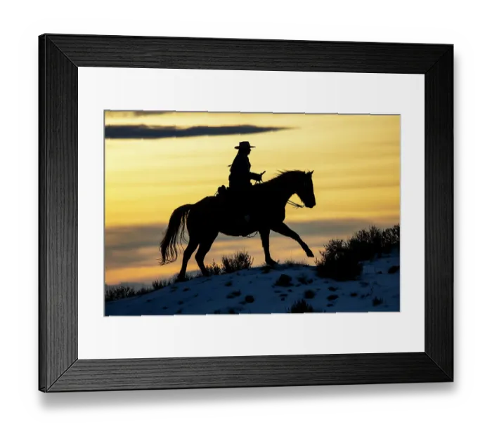 Framed Print : USA, Shell, Wyoming. Hideout Ranch cowgirl silhouetted on horseback at sunset. (PR, MR) Framed Print : USA, Shell, Wyoming. Hideout Ranch cowgirl silhouetted on horseback at sunset. (PR, MR)