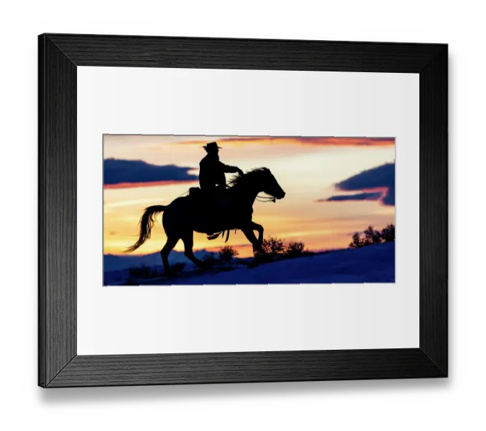 Framed Print : USA, Shell, Wyoming. Hideout Ranch cowgirl silhouetted on horseback at sunset. (PR, MR) Framed Print : USA, Shell, Wyoming. Hideout Ranch cowgirl silhouetted on horseback at sunset. (PR, MR)