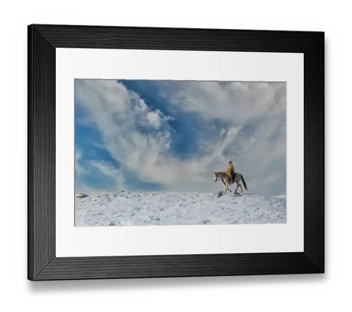 Framed Print : USA, Shell, Wyoming. Hideout Ranch cowgirl on horseback riding on ridgeline snow. (PR, MR) Framed Print : USA, Shell, Wyoming. Hideout Ranch cowgirl on horseback riding on ridgeline snow. (PR, MR)