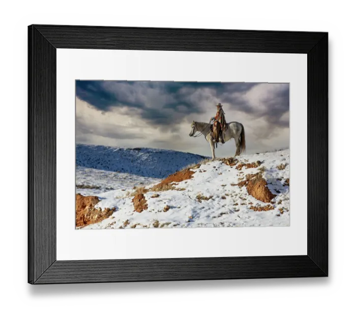 Framed Print : USA, Shell, Wyoming. Hideout Ranch cowgirl on horseback riding on ridgeline snow. (PR, MR) Framed Print : USA, Shell, Wyoming. Hideout Ranch cowgirl on horseback riding on ridgeline snow. (PR, MR)