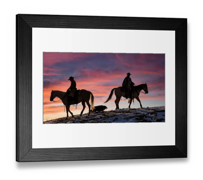 Framed Print : USA, Shell, Wyoming. Hideout Ranch cowgirls and dog silhouetted against sunsets sky. (PR, MR) Framed Print : USA, Shell, Wyoming. Hideout Ranch cowgirls and dog silhouetted against sunsets sky. (PR, MR)