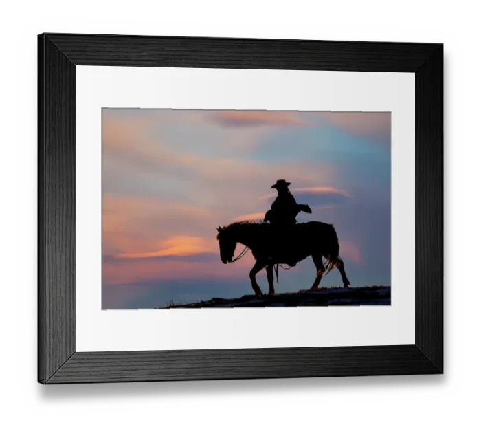 Framed Print : USA, Shell, Wyoming. Hideout Ranch cowgirl silhouetted on horseback at sunset. (PR, MR) Framed Print : USA, Shell, Wyoming. Hideout Ranch cowgirl silhouetted on horseback at sunset. (PR, MR)