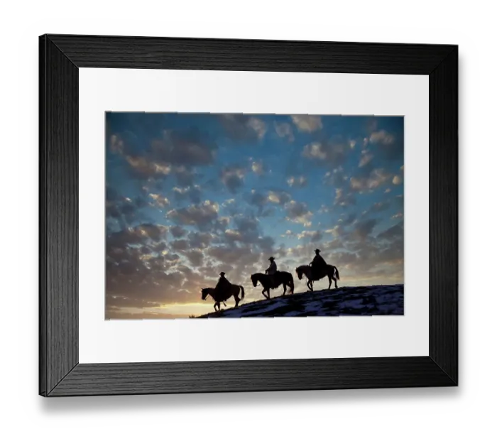 Framed Print : USA, Shell, Wyoming. Hideout Ranch cowboys and cowgirls silhouetted against sunset riding on ridgeline. (PR, MR) Framed Print : USA, Shell, Wyoming. Hideout Ranch cowboys and cowgirls silhouetted against sunset riding on ridgeline. (PR, MR)