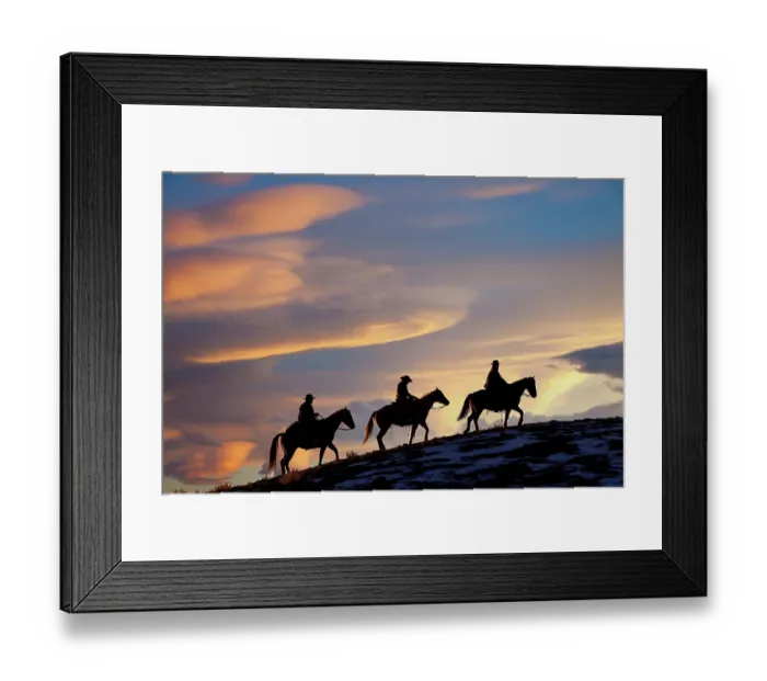 Framed Print : USA, Shell, Wyoming. Hideout Ranch cowboys and cowgirls silhouetted against sunset riding on ridgeline. (PR, MR) Framed Print : USA, Shell, Wyoming. Hideout Ranch cowboys and cowgirls silhouetted against sunset riding on ridgeline. (PR, MR)