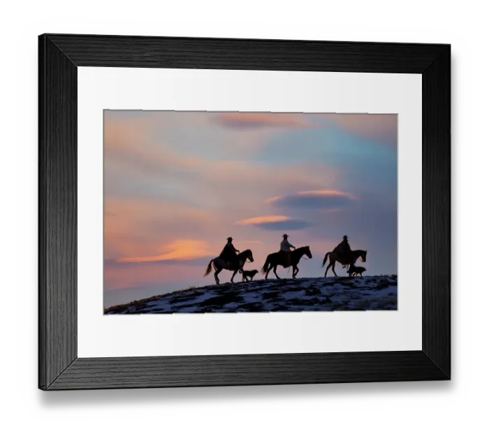 Framed Print : USA, Shell, Wyoming. Hideout Ranch cowboys and cowgirls silhouetted against sunset riding on ridgeline. (PR, MR) Framed Print : USA, Shell, Wyoming. Hideout Ranch cowboys and cowgirls silhouetted against sunset riding on ridgeline. (PR, MR)