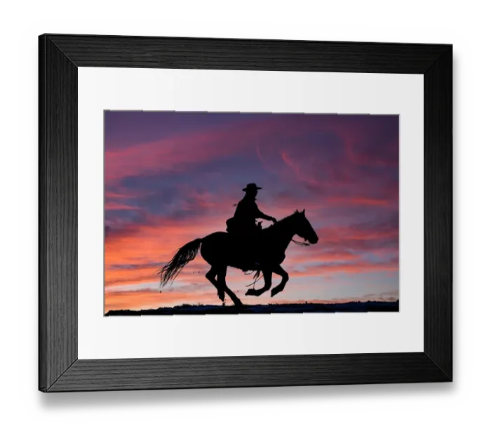 Framed Print : USA, Shell, Wyoming. Hideout Ranch cowgirl silhouetted on horseback at sunset. (PR, MR) Framed Print : USA, Shell, Wyoming. Hideout Ranch cowgirl silhouetted on horseback at sunset. (PR, MR)