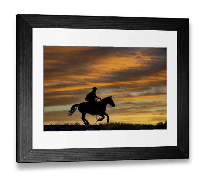 Framed Print : USA, Shell, Wyoming. Hideout Ranch cowgirl silhouetted on horseback at sunset. (PR, MR) Framed Print : USA, Shell, Wyoming. Hideout Ranch cowgirl silhouetted on horseback at sunset. (PR, MR)