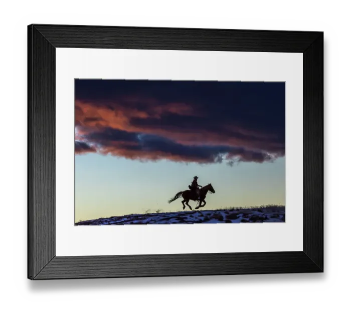 Framed Print : USA, Wyoming. Hideout Horse Ranch, wrangler and horse at sunset. (MR, PR) Framed Print : USA, Wyoming. Hideout Horse Ranch, wrangler and horse at sunset. (MR, PR)