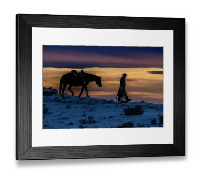 Framed Print : USA, Wyoming. Hideout Horse Ranch, wrangler and horse at sunset. (MR, PR) Framed Print : USA, Wyoming. Hideout Horse Ranch, wrangler and horse at sunset. (MR, PR)