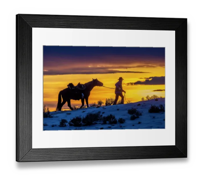 Framed Print : USA, Wyoming. Hideout Horse Ranch, wrangler and horse at sunset. (MR, PR)