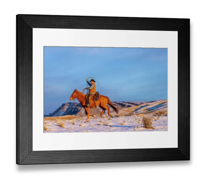 Framed Print : USA, Wyoming. Hideout Horse Ranch, wrangler and horse in snow. (MR, PR)