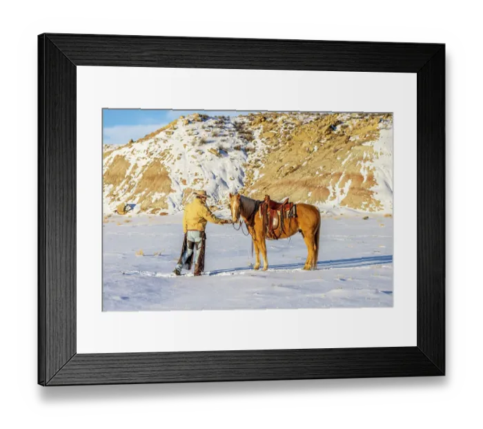 Framed Print : USA, Wyoming. Hideout Horse Ranch, wrangler and horse in snow. (MR, PR) Framed Print : USA, Wyoming. Hideout Horse Ranch, wrangler and horse in snow. (MR, PR)