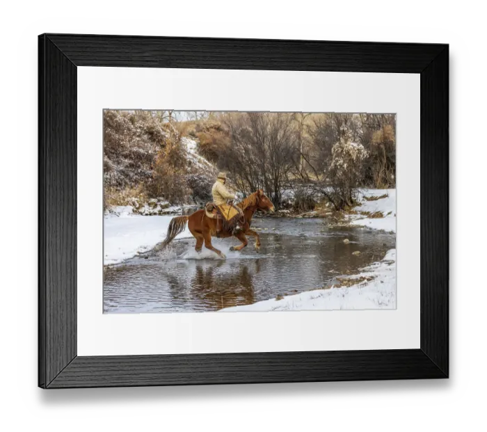 Framed Print : USA, Wyoming. Hideout Horse Ranch, wrangler crossing the stream on horseback. (MR, PR) Framed Print : USA, Wyoming. Hideout Horse Ranch, wrangler crossing the stream on horseback. (MR, PR)