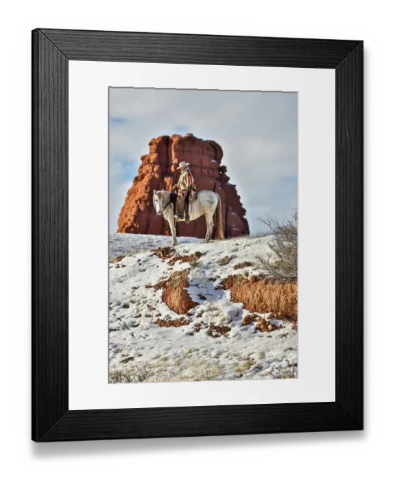 Framed Print : USA, Wyoming. Hideout Horse Ranch, wrangler on horseback in snow. (MR, PR)