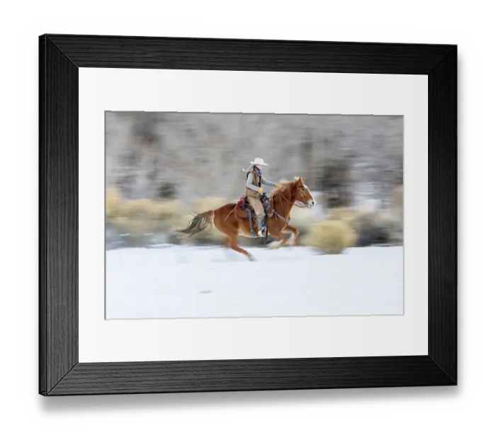 Framed Print : USA, Wyoming. Hideout Horse Ranch, wrangler on horseback in snow. (MR, PR) Framed Print : USA, Wyoming. Hideout Horse Ranch, wrangler on horseback in snow. (MR, PR)