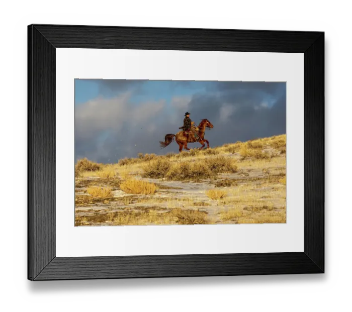 Framed Print : USA, Wyoming. Hideout Horse Ranch, wrangler on horseback in snow. (MR, PR) Framed Print : USA, Wyoming. Hideout Horse Ranch, wrangler on horseback in snow. (MR, PR)