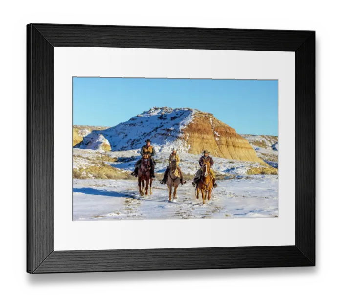 Framed Print : USA, Wyoming. Hideout Horse Ranch, wranglers and horses in snow. (MR, PR) Framed Print : USA, Wyoming. Hideout Horse Ranch, wranglers and horses in snow. (MR, PR)