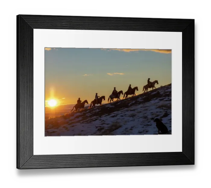 Framed Print : USA, Wyoming. Hideout Horse Ranch, wranglers on horseback in snow at sunset. (MR, PR) Framed Print : USA, Wyoming. Hideout Horse Ranch, wranglers on horseback in snow at sunset. (MR, PR)