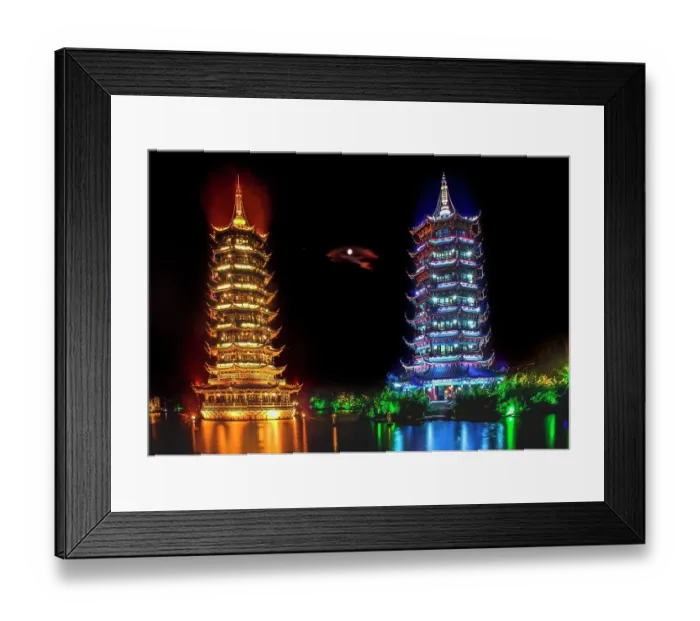Framed Print : Moon Silver and Sun Gold Pagodas with Real Moon Guilin Guangxi Province, China Framed Print : Moon Silver and Sun Gold Pagodas with Real Moon Guilin Guangxi Province, China