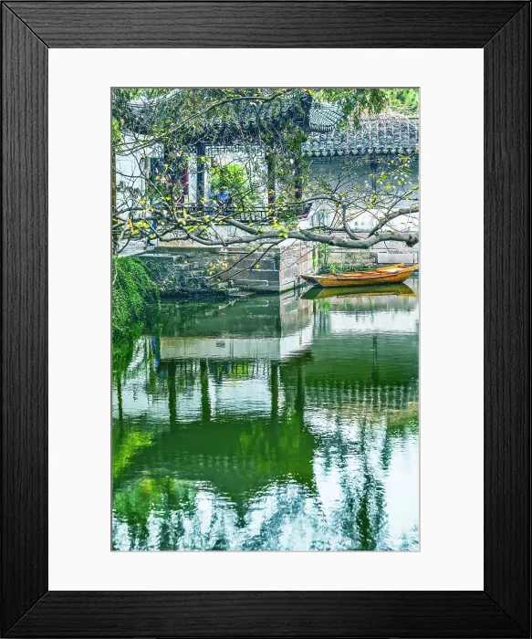 Framed Print : Ancient Chinese pagoda reflection. Humble Administrator's Garden, Jiangsu, China. Garden built in the 1500's, UNESCO site