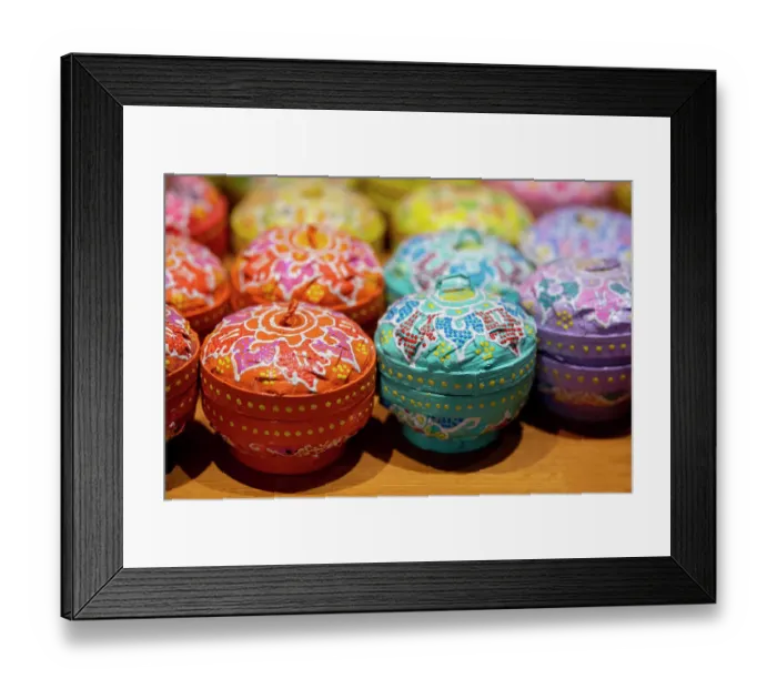 Framed Print : Indonesia, Bali. Traditional handicraft village of Tohpati. Colorful painted straw boxes Framed Print : Indonesia, Bali. Traditional handicraft village of Tohpati. Colorful painted straw boxes
