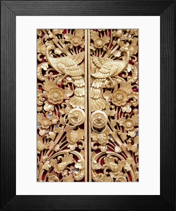 Framed Print : Indonesia, Bali. Traditional handicraft village of Ubud. Balinese carved wooden doors