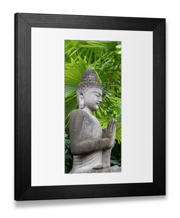 Framed Print : Indonesia, Bali. Buddha statue with green palms Framed Print : Indonesia, Bali. Buddha statue with green palms