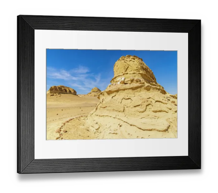 Framed Print : Wadi al Hitan, Faiyum, Egypt. Whale fossil on an eroded bluff along the interpretive trail at Wadi el-Hitan paleontological site