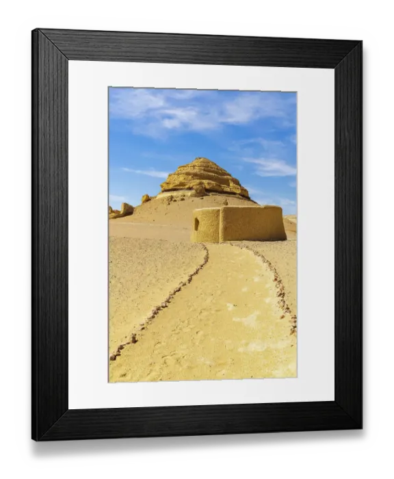 Framed Print : Wadi al Hitan, Faiyum, Egypt. Small building along the interpretive trail at Wadi el-Hitan paleontological site. (Editorial Use Only)