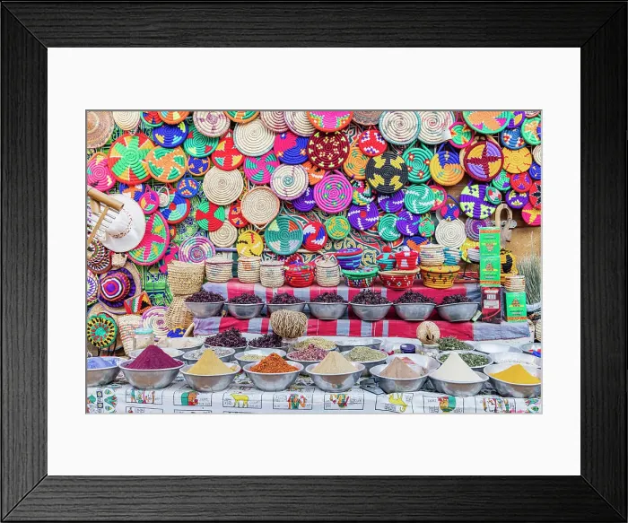 Framed Print : Luxor, Egypt. Baskets and spices for sale at a market. (Editorial Use Only)