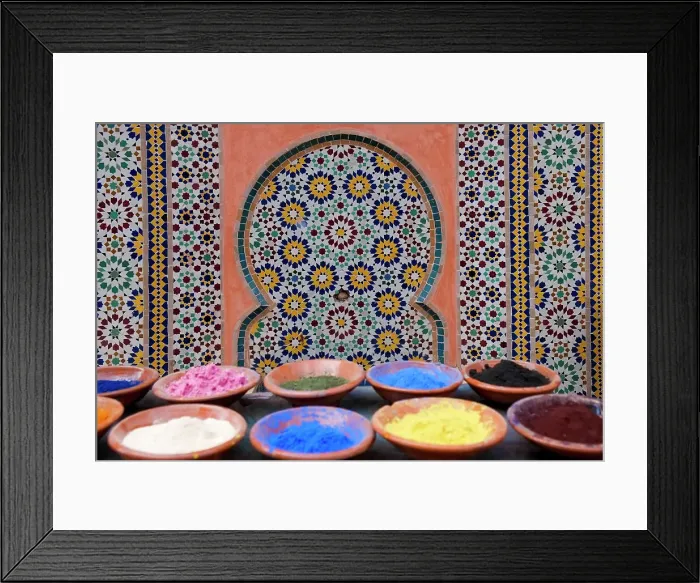 Framed Print : Marrakech, Morocco. Clay bowls of spices and bluing with tile background