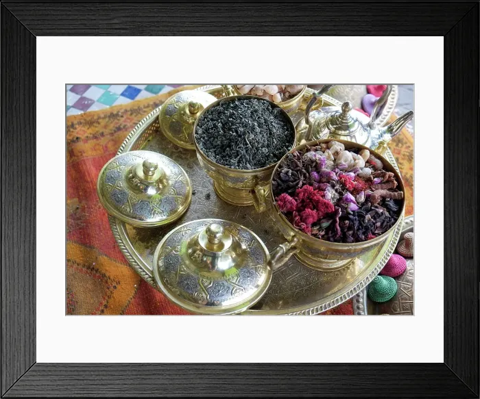 Framed Print : Marrakech, Morocco. Tea set with herbs, flowers and spices