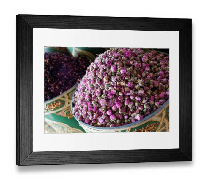 Framed Print : Marrakech, Morocco. Dried roses for sale in the medina