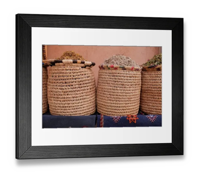 Framed Print : Marrakech, Morocco. Baskets of herbs and teas for sale in the medina