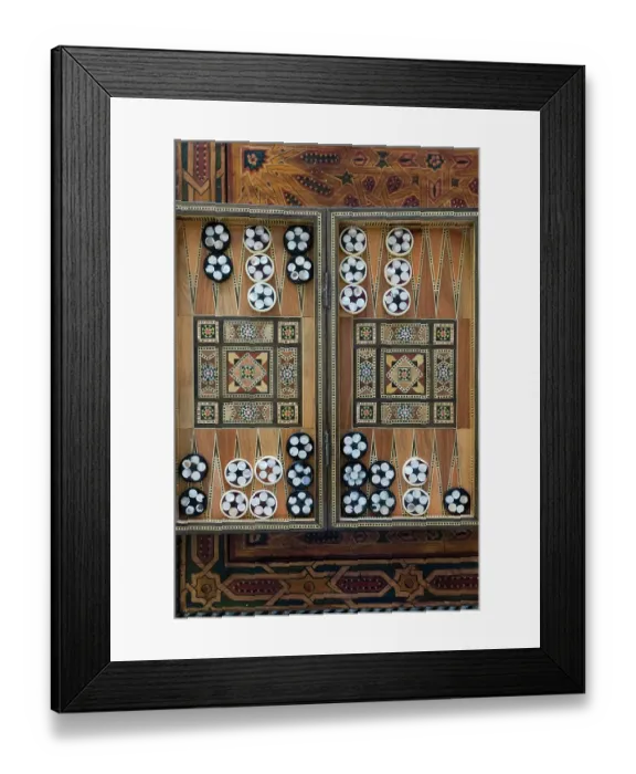 Framed Print : Fes, Morocco. Hand carved backgammon set with inlay