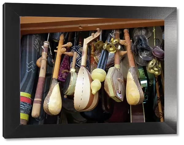 Fes, Morocco. Traditional musical instruments for sale at a music shop in the medina