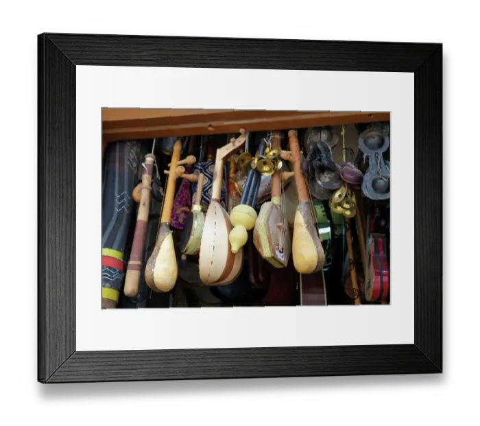 Framed Print : Fes, Morocco. Traditional musical instruments for sale at a music shop in the medina