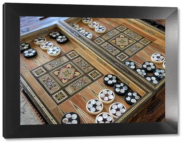 Fes, Morocco. Hand carved backgammon set with inlay