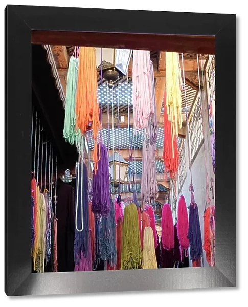 Fes, Morocco. Skeins of yarn hang to dry after being hand dyed