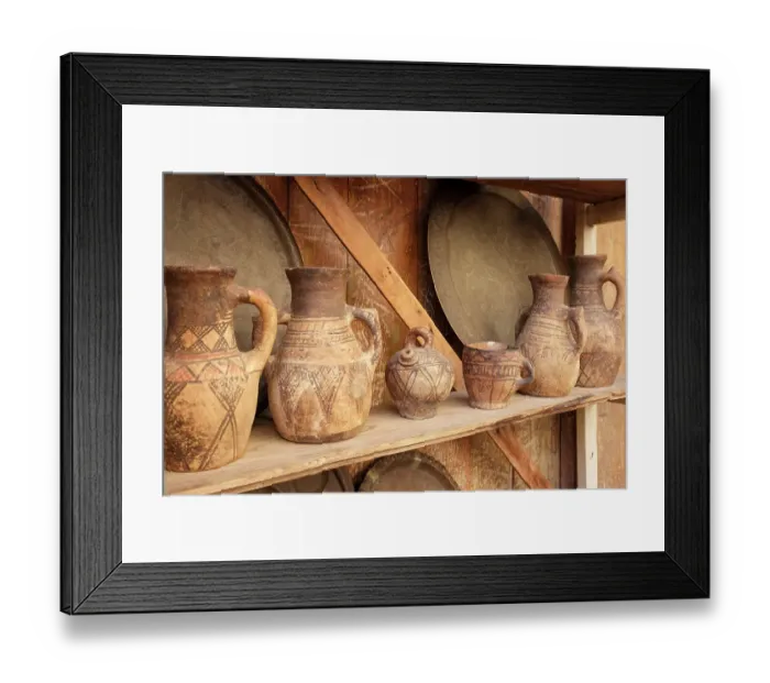 Framed Print : Fes, Morocco. Antique clay jugs on a shelf