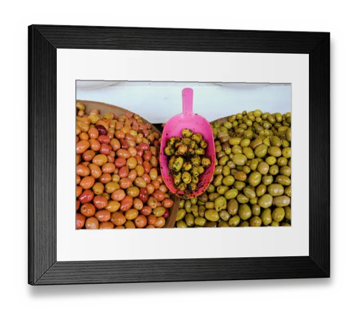 Framed Print : Bowls of cured olives for sale at the Medina souk. Marrakech, Morocco