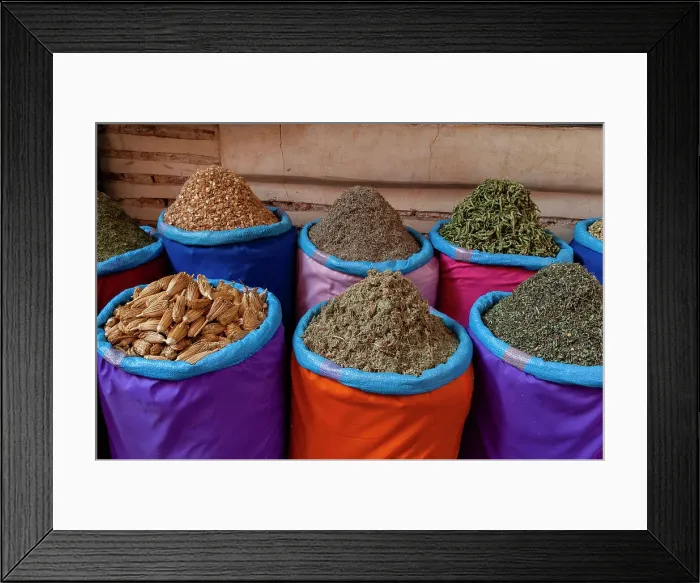 Framed Print : Colorful bags of spices for sale at the Medina Souk. Marrakech, Morocco Framed Print : Colorful bags of spices for sale at the Medina Souk. Marrakech, Morocco