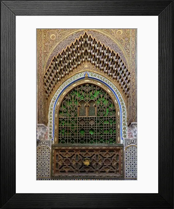 Framed Print : Fes, Morocco. Stunning exterior of a mosque wall with hand carved plaster, metal and wood work Framed Print : Fes, Morocco. Stunning exterior of a mosque wall with hand carved plaster, metal and wood work