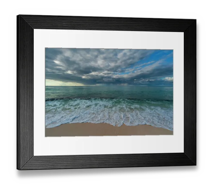 Framed Print : Indian ocean surf surging onto a sandy beach, under a dramatic cloud-filled sky. Denis Island, Seychelles Framed Print : Indian ocean surf surging onto a sandy beach, under a dramatic cloud-filled sky. Denis Island, Seychelles