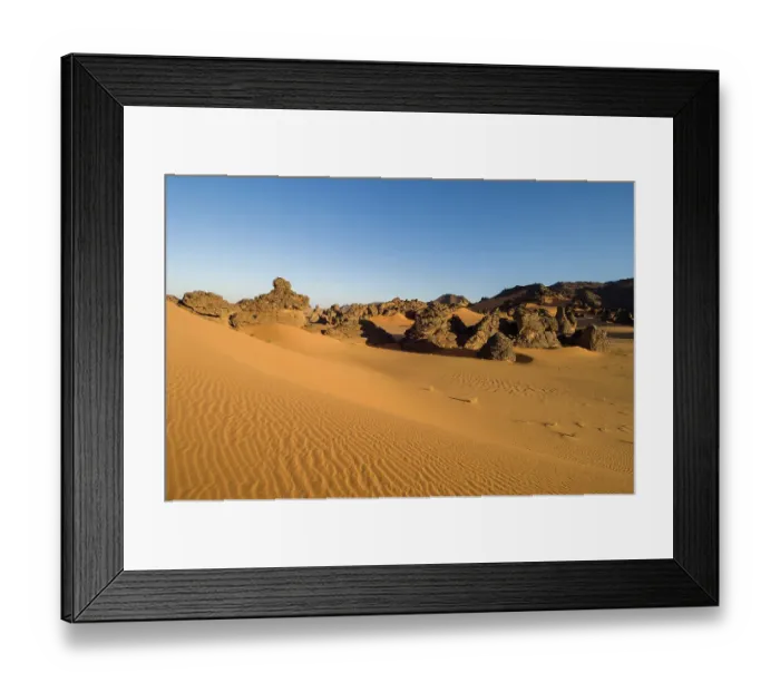 Framed Print : Rock formations and sand dunes in the Akakus, Fezzan, Libya Framed Print : Rock formations and sand dunes in the Akakus, Fezzan, Libya